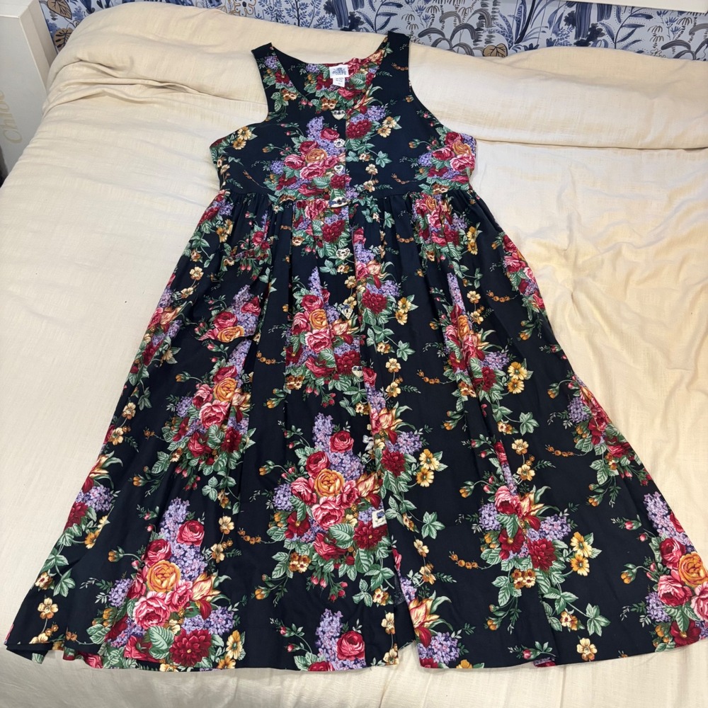 Dogwood Lane Vintage Black Floral Midi Dress 2X Cotton Novelty Buttons